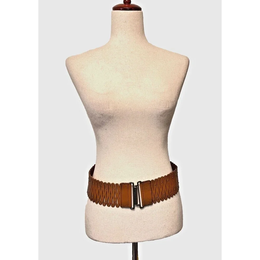 Vtg Leather Studded Statement Belt Sz S Stretch Accordian Western Festival Boho
